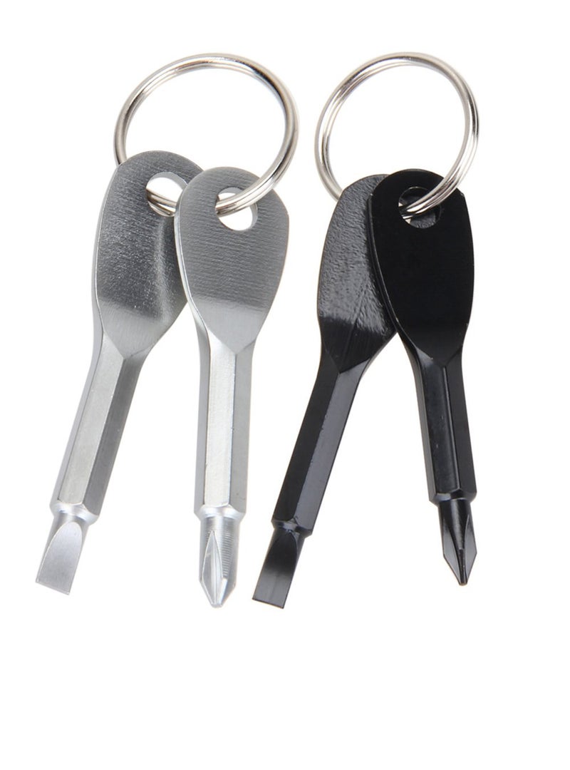 Armear 2 Set(4PCS) Portable Multifunction Key Chain Screwdriver Mini Key Shape Travel Kits Outdoor EDC Screwdriver Tool with Key Ring(Color: Black Silver) - Image 1